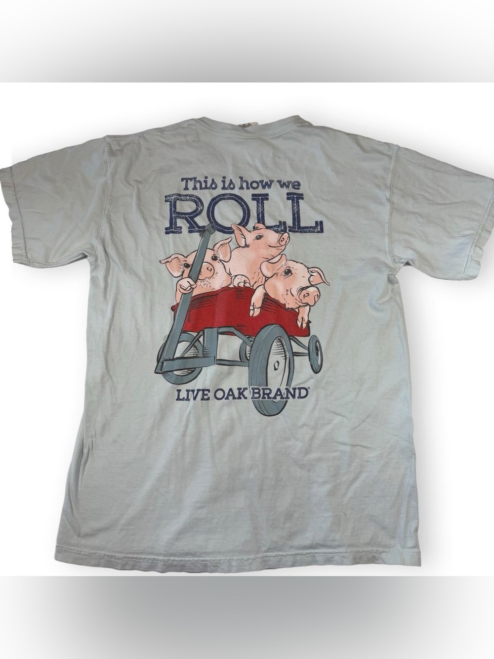 Live Oak Brand Graphic T-Shirt Size M Light Blue Pigs Wagon Farm Life Country